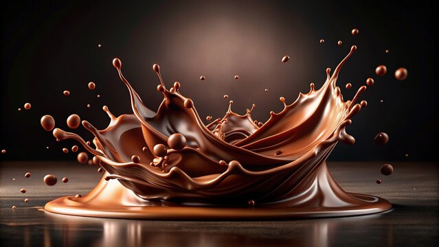 Rich, velvety chocolate splashes against a sleek, dark background, creating an indulgent and decadent atmosphere, perfect for culinary or dessert-themed designs and advertisements.