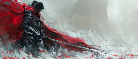 Enigmatic anime warrior in detailed armor, with a sword, posed dramatically on white