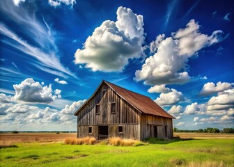 Obraz premium Rustic old wooden barn stands alone in a vast open field under a bright blue Texas sky with fluffy white clouds on a sunny day.
