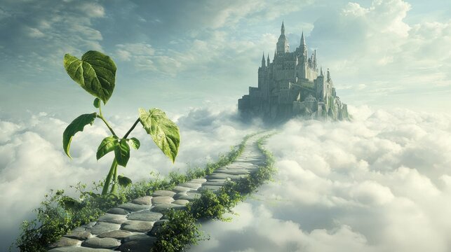 a fantasy landscape with a beanstalk leading to a castle in the clouds, evoking a sense of adventure and storytelling