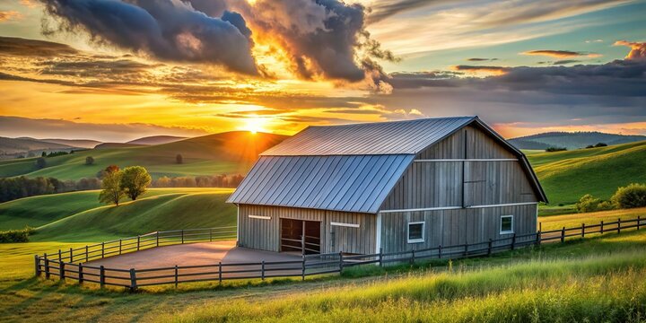 Rustic rural landscape featuring a modern metal pole barn with silver roof and walls surrounded by open fields and rolling hills at sunset.