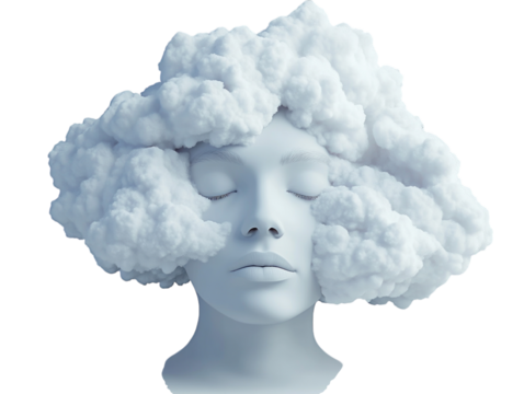 Woman with head hidden in clouds on white background PNG transparent.