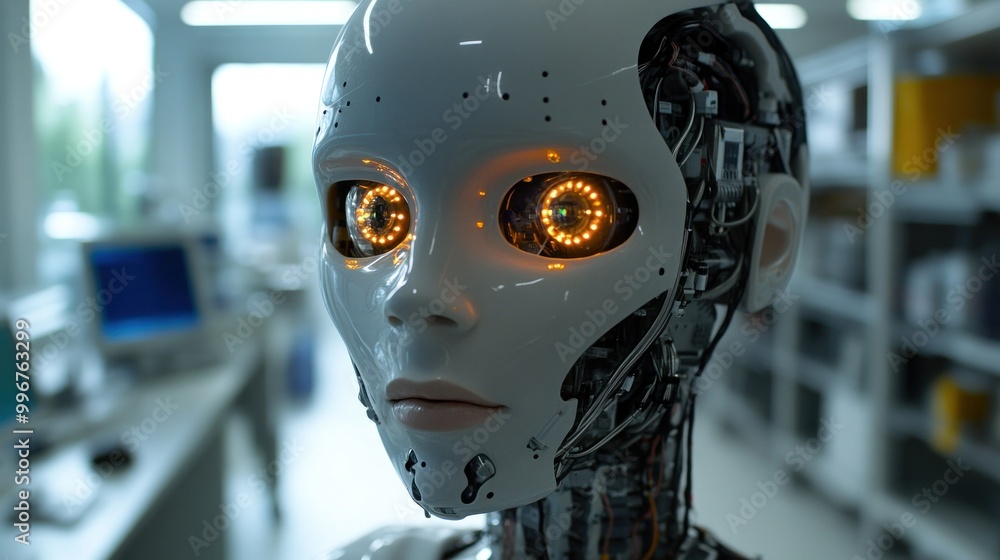 Poster a futuristic humanoid robot with glowing eyes in a high-tech lab setting.