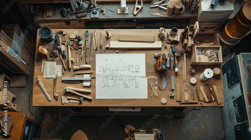 Poster a woodworking workspace with tools and a blueprint on a table.