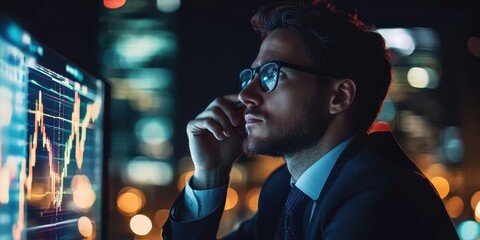 A focused businessman analyzing stock market data on a computer screen at night in a modern urban environment.