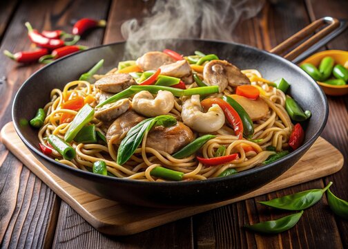 Savory moo goo gai pan dish with stir-fried noodles, vegetables, and protein, garnished with green onions, served steaming hot in a traditional wok.