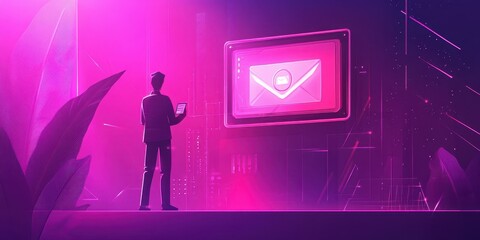 A futuristic figure stands before a glowing screen, surrounded by vibrant pink light, suggesting digital communication and technology.