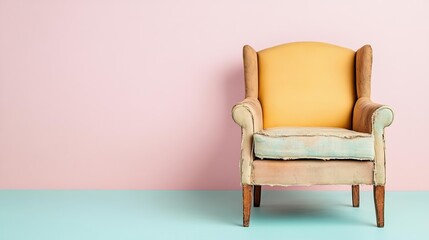 Weathered armchair with faded upholstery, frayed seams, and splintered wooden legs, placed against a pastel wall, representing aged luxury
