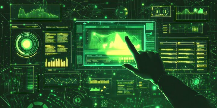 A futuristic digital interface featuring data analytics and interactive elements with a glowing green theme.