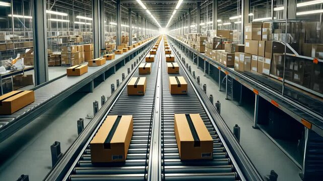 Automated Industrial Warehouse with Conveyor Belts Transporting Packages for Efficient Supply Chain Management