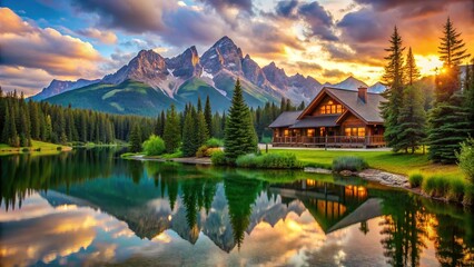 Serene mountain lodge exterior at sunset, surrounded by lush greenery and towering peaks, with a tranquil lake reflecting the vibrant sky in the distance.