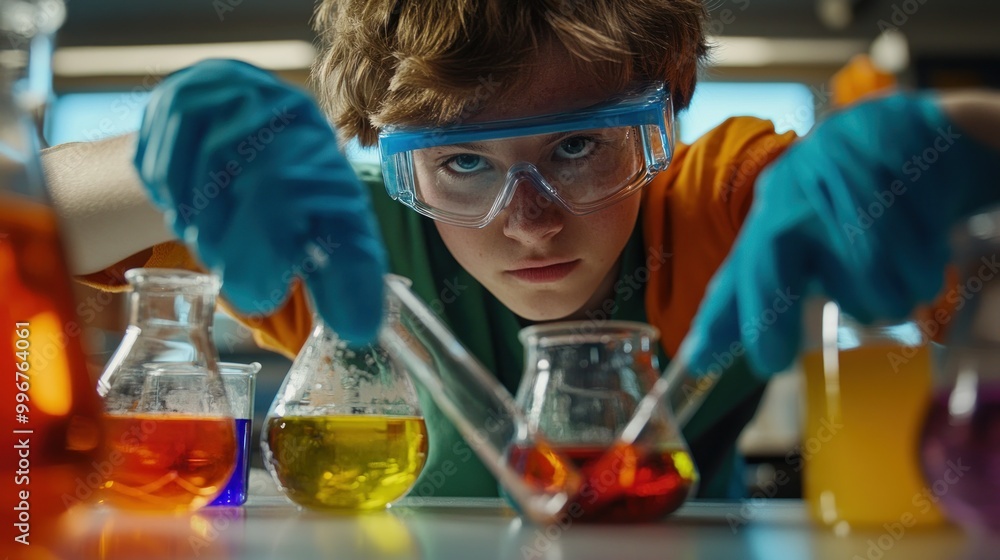 Poster a focused young scientist conducts experiments with colorful liquids in a lab setting.