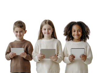 Three children holding tablets and smiling on white background PNG transparent.