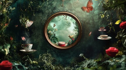 Whimsical Keyhole View: A mysterious banner background of Mad Hatter Day, no text, and wide copy space, featuring a keyhole view into a magical world filled with floating teacups