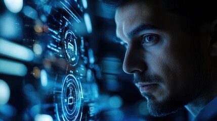 A focused individual analyzing digital data on a futuristic interface.