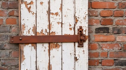 Naklejka premium Weathered barn door with peeling paint and rusty hinges, leaning against a brick wall, capturing rural decay and timeless beauty