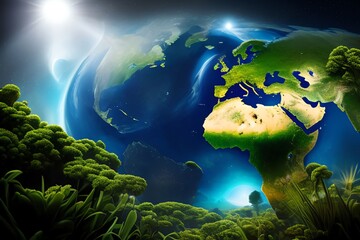 green landscape with earth map on the background