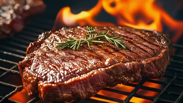 Chef grilling delicious juicy steak on barbecue