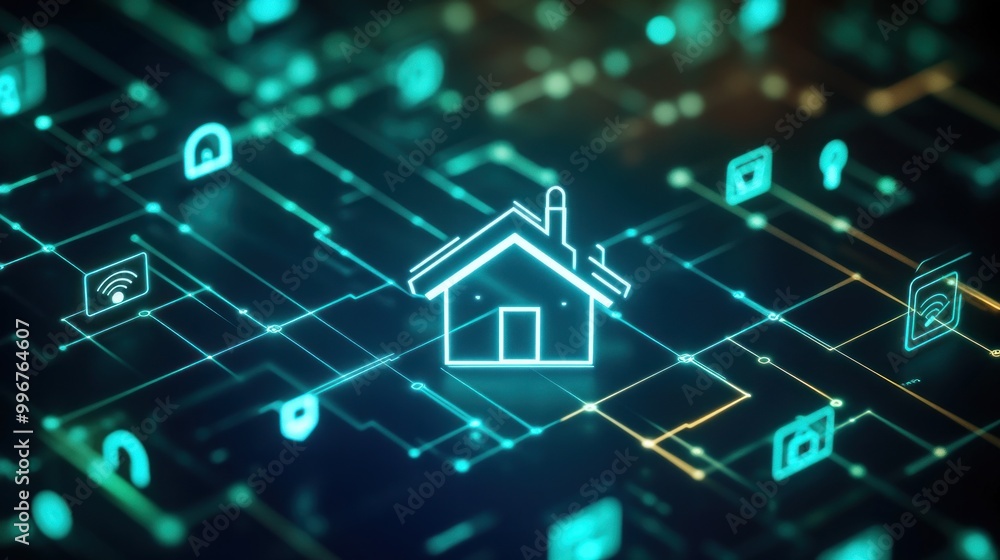 Poster digital representation of a smart home network with connected icons.