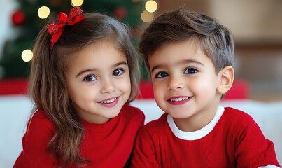 Joyful Siblings Exchanging Holiday Gifts by the Christmas Tree