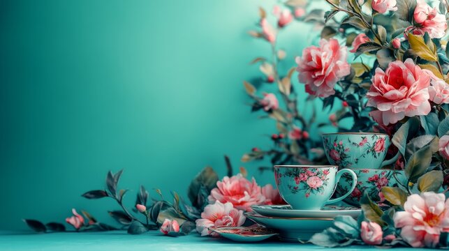 Whimsical Tea Set Banner background of Mad Hatter Day theme banner design for microstock, no text, and wide copy space, Whimsical Tea Set,