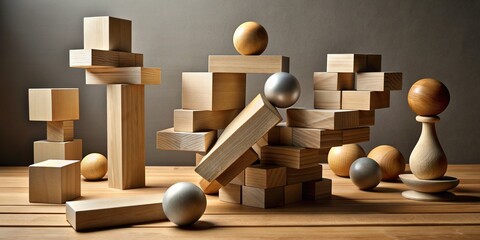 Unstable piles of wooden blocks, spheres, and rectangles teeter on the edge of collapse, symbolizing disarray, discord, and precarious balance.