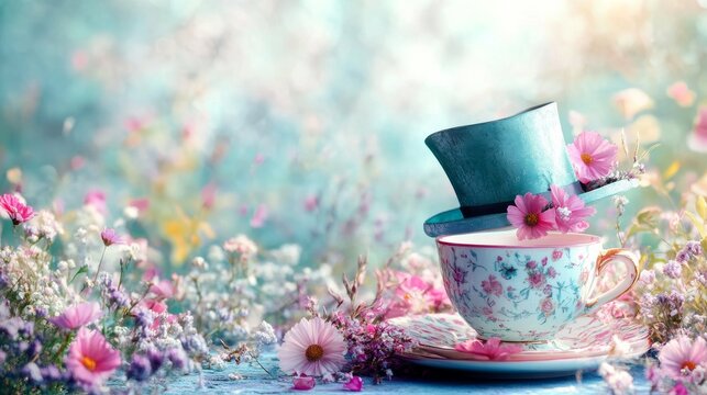 Whimsical Tea Set Banner background of Mad Hatter Day theme banner design for microstock, no text, and wide copy space, Whimsical Tea Set,