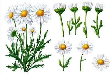 Fototapeta premium Daisies on white isolated background, vibrant and detailed floral illustration.
