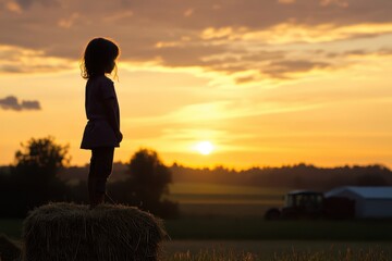 Fototapeta premium a silhouette of a girl standing on top of a bale of hay