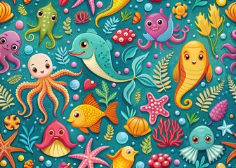 Vibrant, seamless pattern featuring a diverse array of colorful sea creatures, including fish, octopuses, seahorses, and coral, set against a soothing turquoise ocean background.