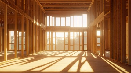 A sunlit interior of a wooden structure under construction, showcasing beams and large windows.