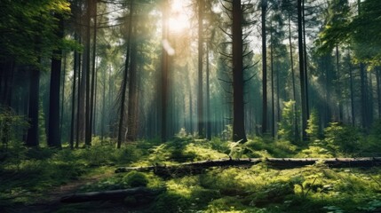 Obraz premium Sunbeams Through a Misty Forest