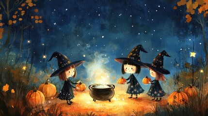Enchanting Watercolor Witches' Gathering by the Cauldron under Starlit Skies - Halloween Fantasy Illustration