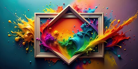 Vibrant abstract artwork features a geometric frame surrounding a freeform splash of colorful paint, blending structure and spontaneity in a dynamic visual contrast.