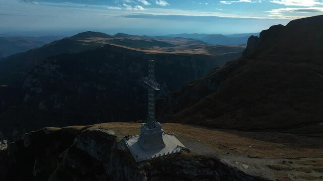 The Caraiman Cross in the Bucegi Mountains. Slow Motion.