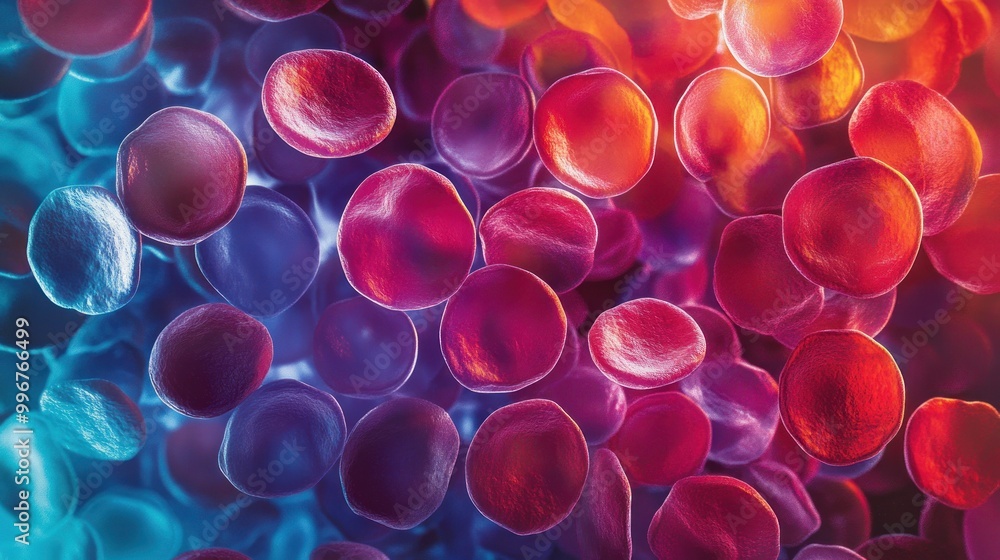 Poster close-up view of red and blue blood cells, illustrating cellular structures and functions.