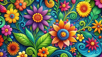 Vibrant background featuring a colorful arrangement of stylized flowers, leaves, and swirls, perfect for decorative designs, crafts, and digital art projects.