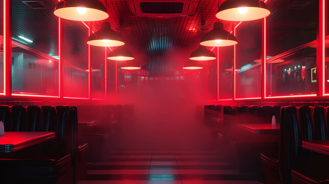 Retro diner with red neon lights, empty booths, evening mist, nostalgic atmosphere