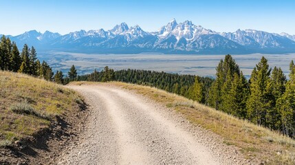 Fototapeta premium A winding hiking trail leads through rocky terrain and towering pines, revealing the stunning wilderness of Grand Teton National Park beneath a clear blue sky