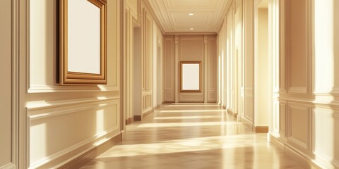 Fototapeta premium A beautifully lit corridor featuring elegant frames and a warm color palette, inviting a serene atmosphere and timeless design.