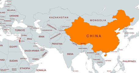 Map of israel and  china . Highlighting the two countries on the map.