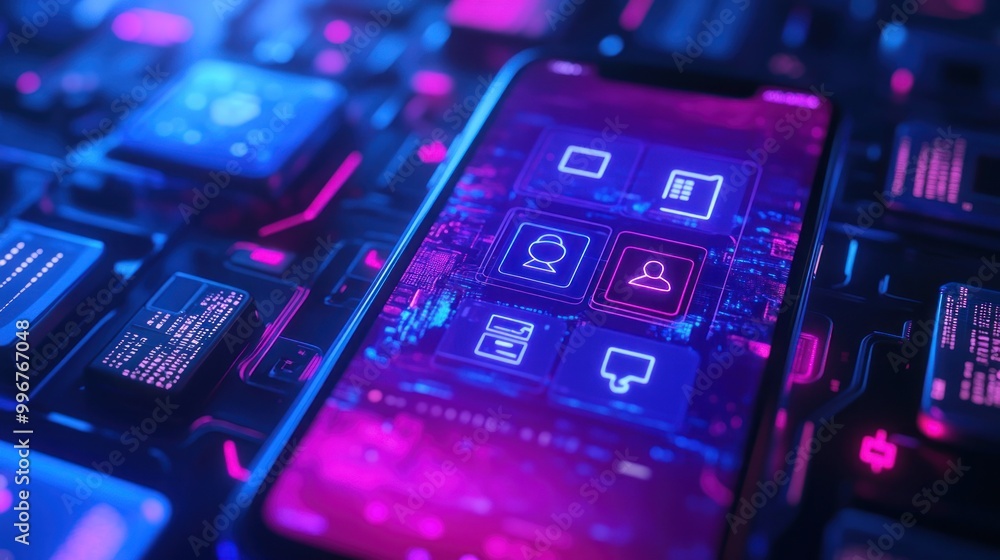 Poster a smartphone displaying digital icons on a futuristic circuit-like background.