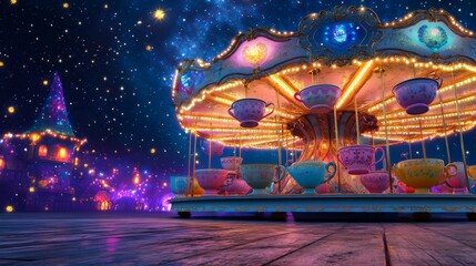 Whirling Teacups Carousel: A fantastical banner background of Mad Hatter Day  illustrating a carousel of colorful teacups spinning under a sparkling night sky, 