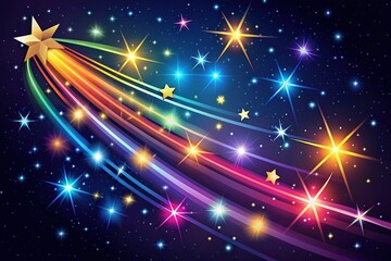 Vibrant colorful vector illustration of shooting stars streaking across a dark night sky, leaving trails of light and sparkle, conveying magic and wonder.