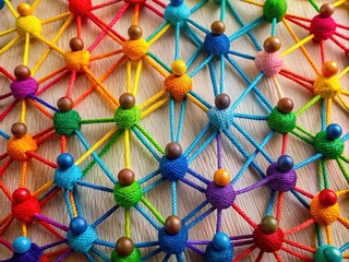 Vibrant colorful threads weave together forming a geometric grid, symbolizing diverse individuals coming together to create a strong, supportive, and interconnected community network.