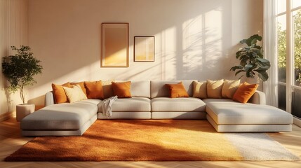 Fototapeta premium Cozy and inviting modern living room with a large comfortable sectional sofa and minimalist stylish decor The textured rug and plush throw pillows add depth and coziness