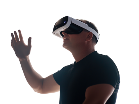 Man using virtual reality headset and reaching out on white background PNG transparent.