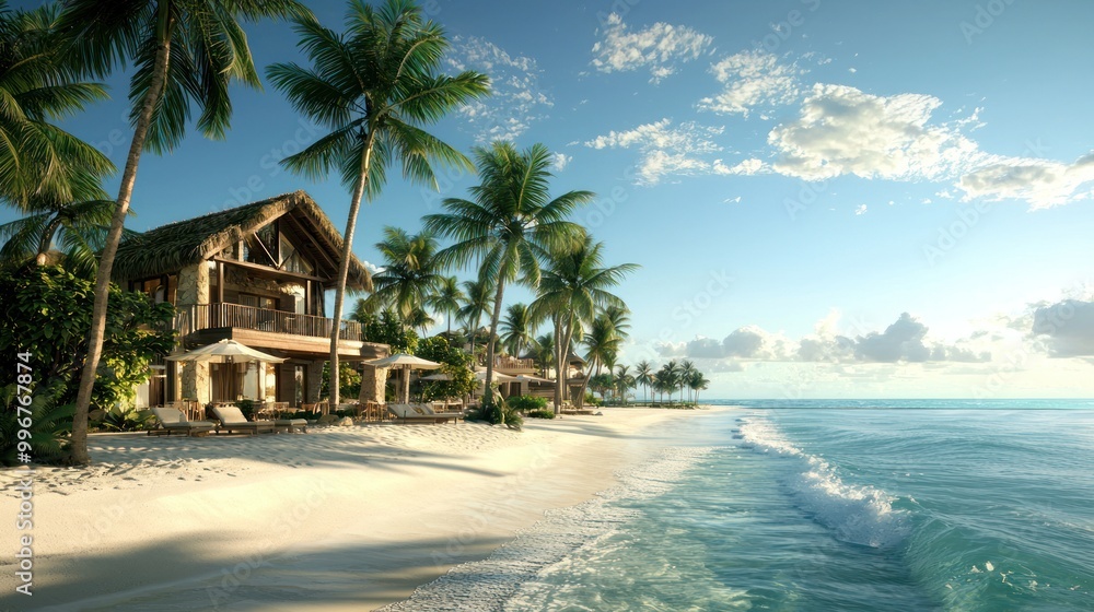 Aufkleber a luxurious beachfront resort with palm trees swaying in the breeze and ocean waves lapping at the s