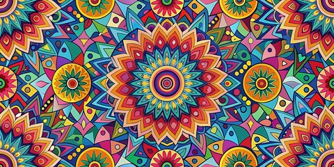 Vibrant geometric patterns and funky shapes in bold colors evoke the playful, psychedelic spirit of the 1960s, perfect for retro-inspired designs and nostalgic themes.