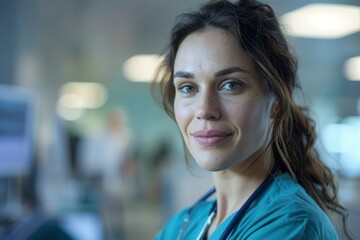 Obraz premium A woman in a green scrubs is smiling at the camera